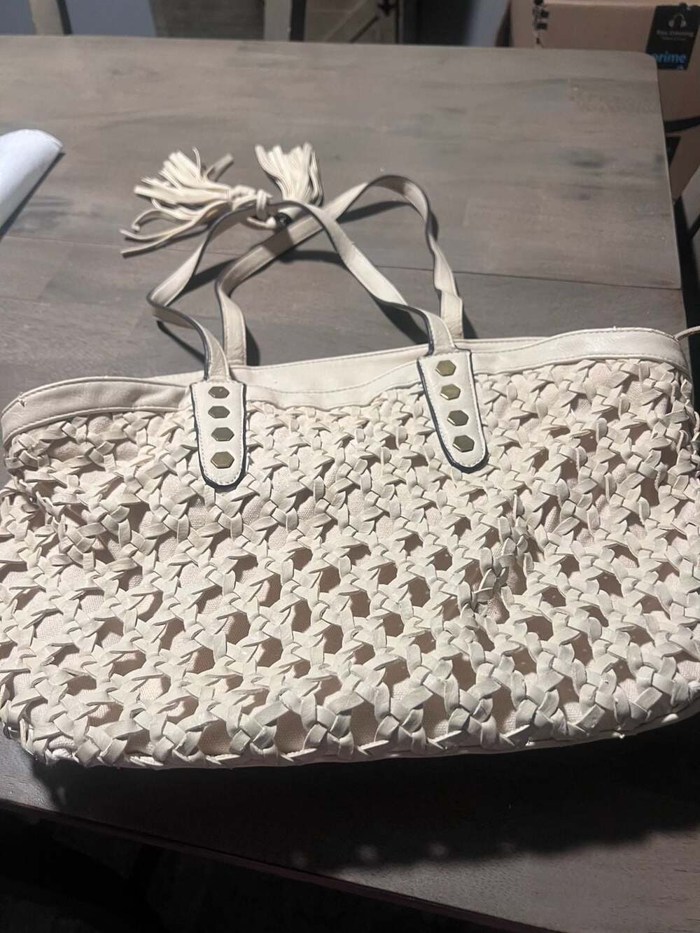 Big Buddha Woven Tote Handbag Bone Cream Off-White Tassel